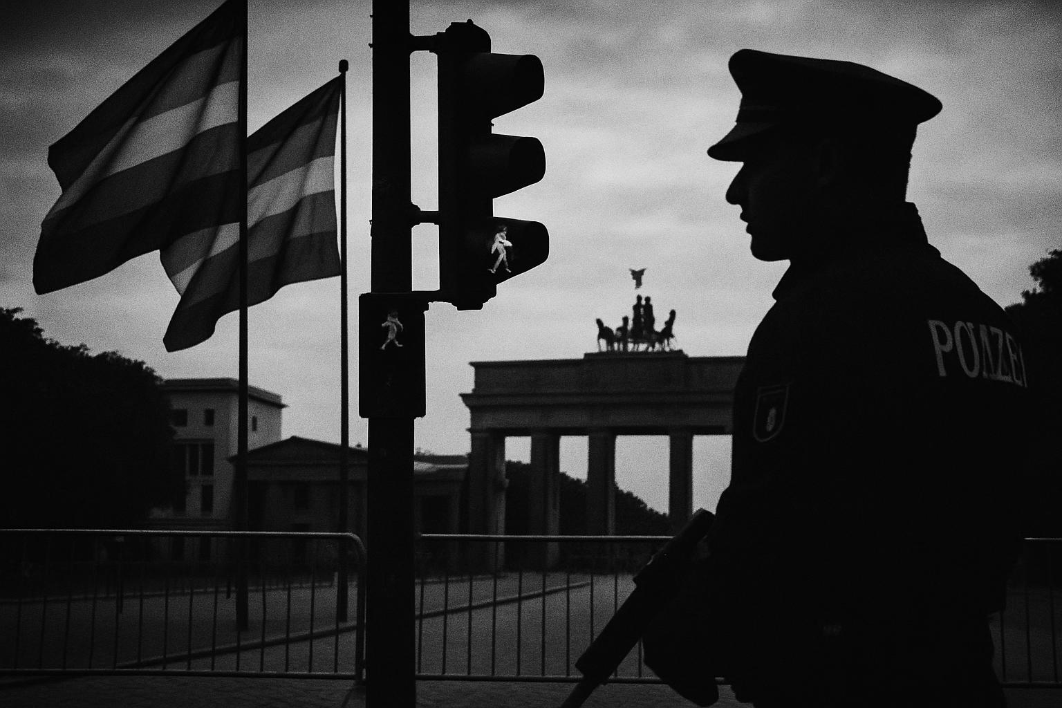 Grayscale editorial illustration: After Berlin Pride Attack, Police Kill Suspect, Security Tightens In Capital