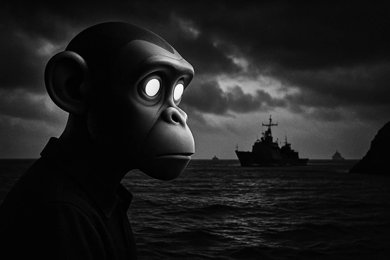Grayscale editorial illustration: AI Caricature Joins South China Sea Messaging War