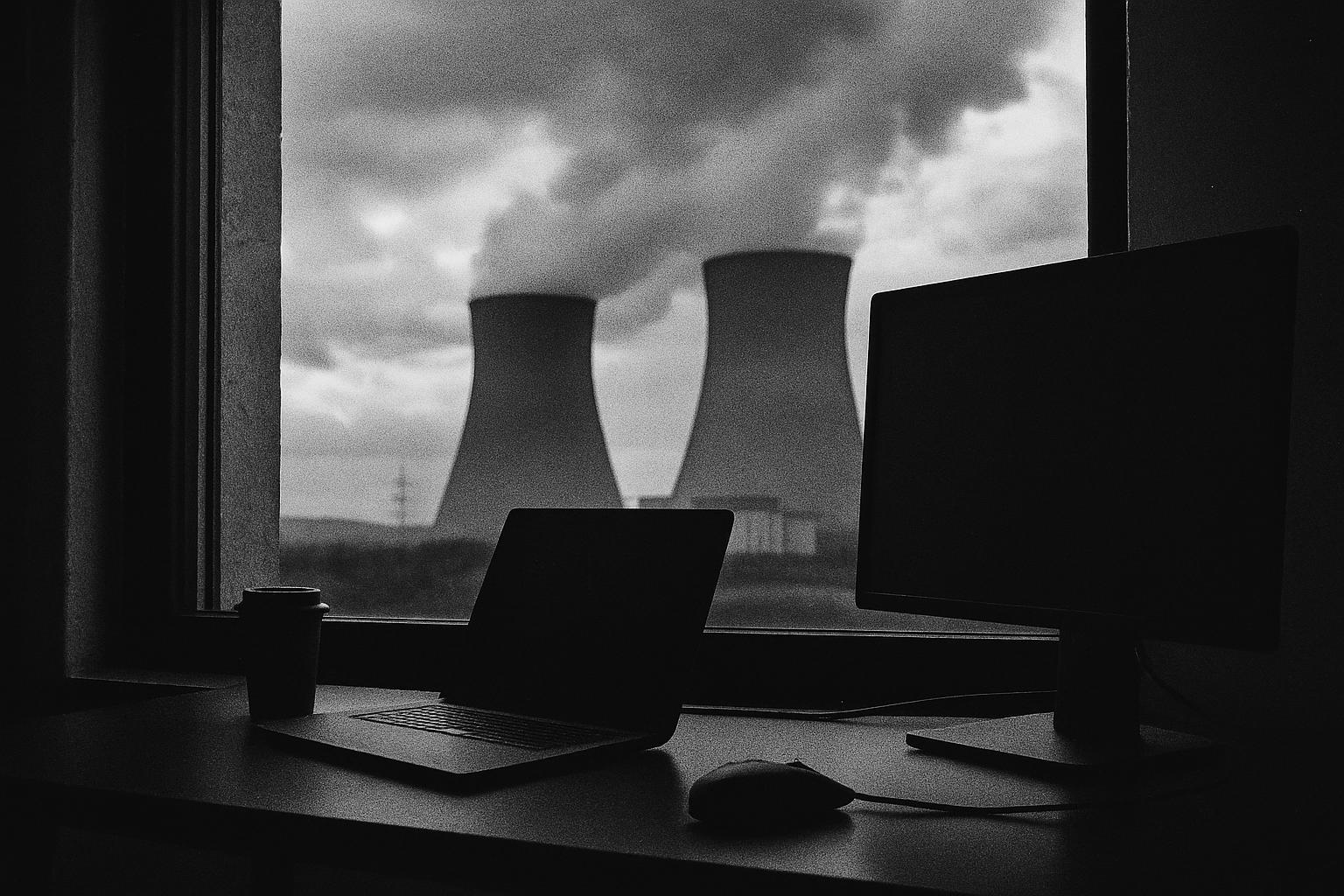 Grayscale editorial illustration: AI Power Hunger Turns Data Centers Into Nuclear Permitting Projects
