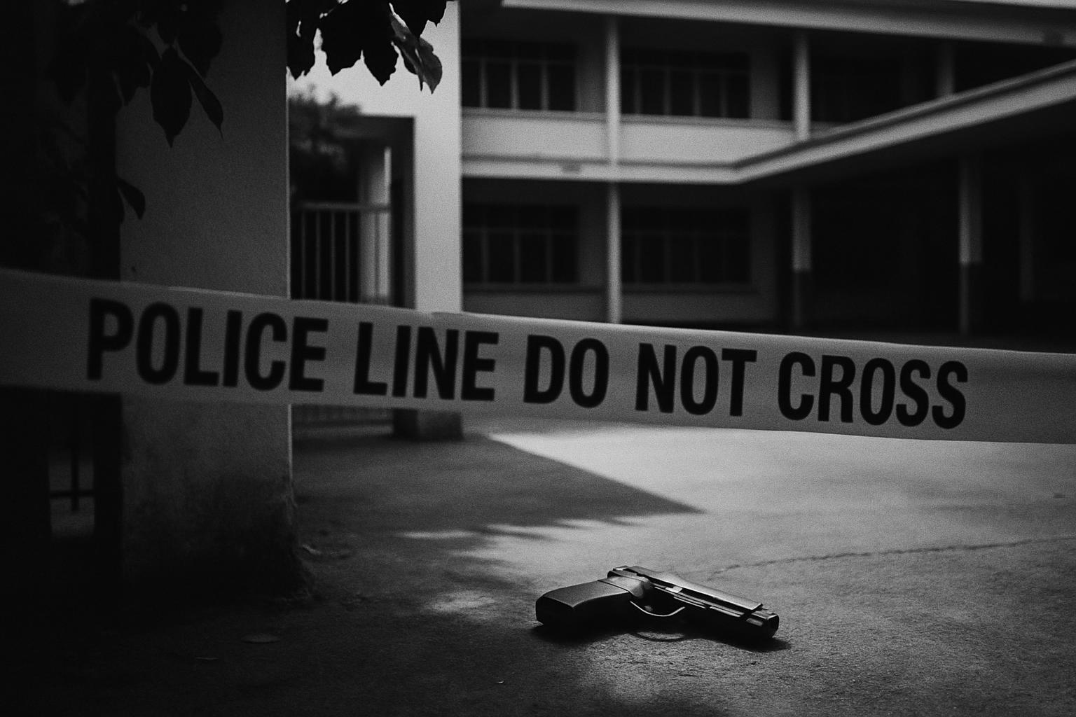 Grayscale editorial illustration: Bangkok School Shooting Sharpens Security Questions For Indian Travelers
