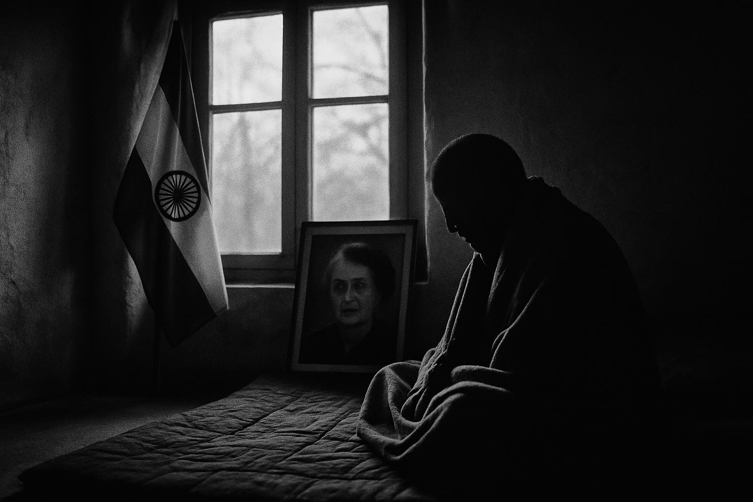 Grayscale editorial illustration: Congress Reaches For Indira-Era Memory As Wangchuk Fast Tests Opposition Strategy