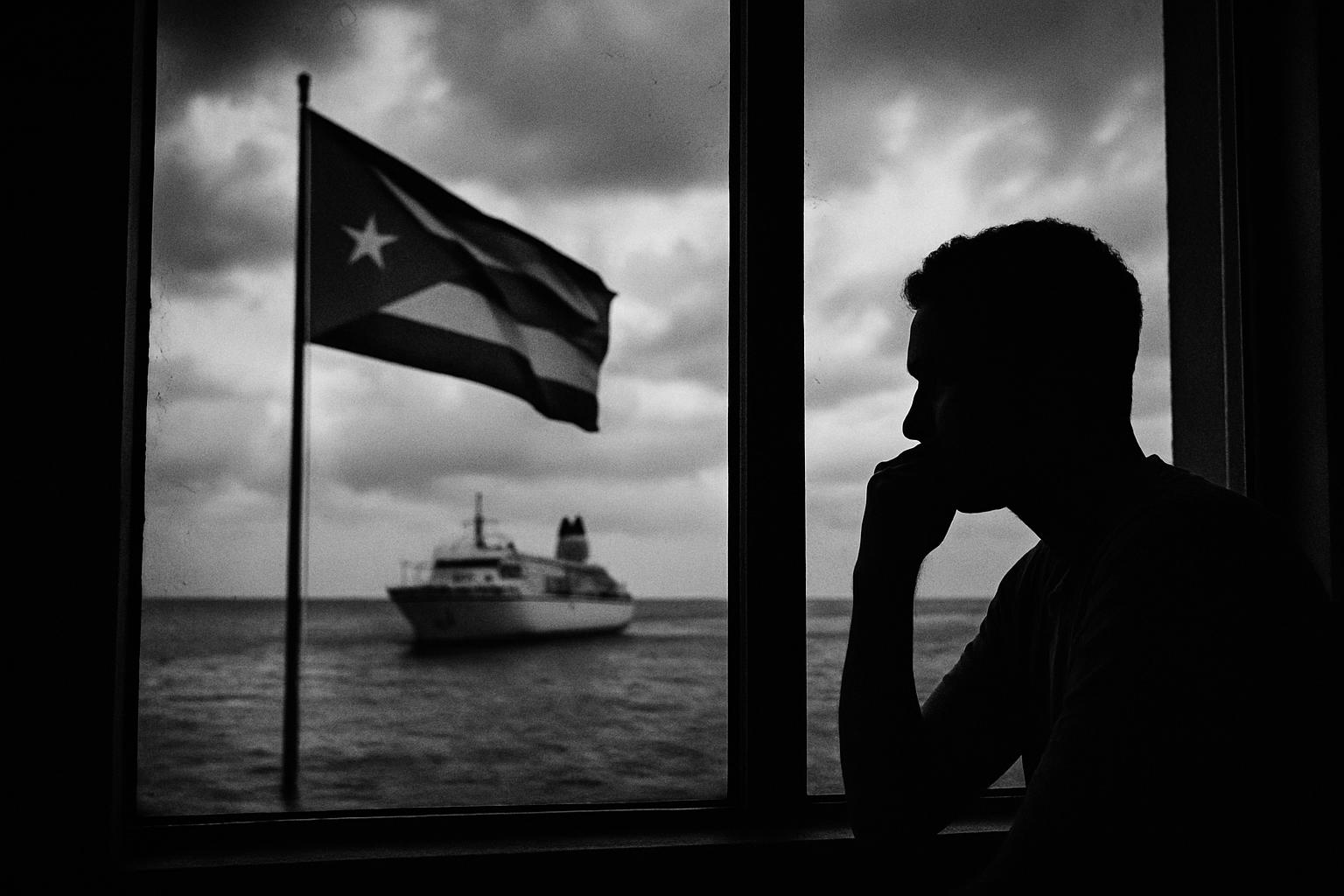 Grayscale editorial illustration: Cuba Exports Dissent: Otero Alcántara’s Exile As Tactic, Not Closure