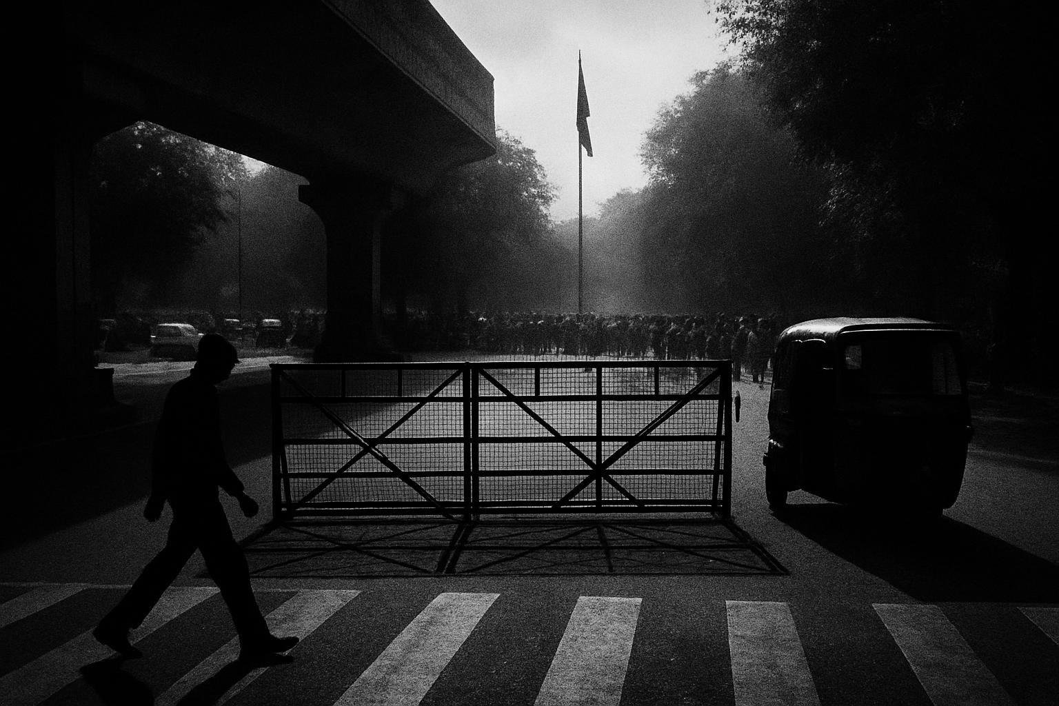 Grayscale editorial illustration: Delhi Weekend Curbs Point To Crowd Thinning Strategy, Plan For Disruptions
