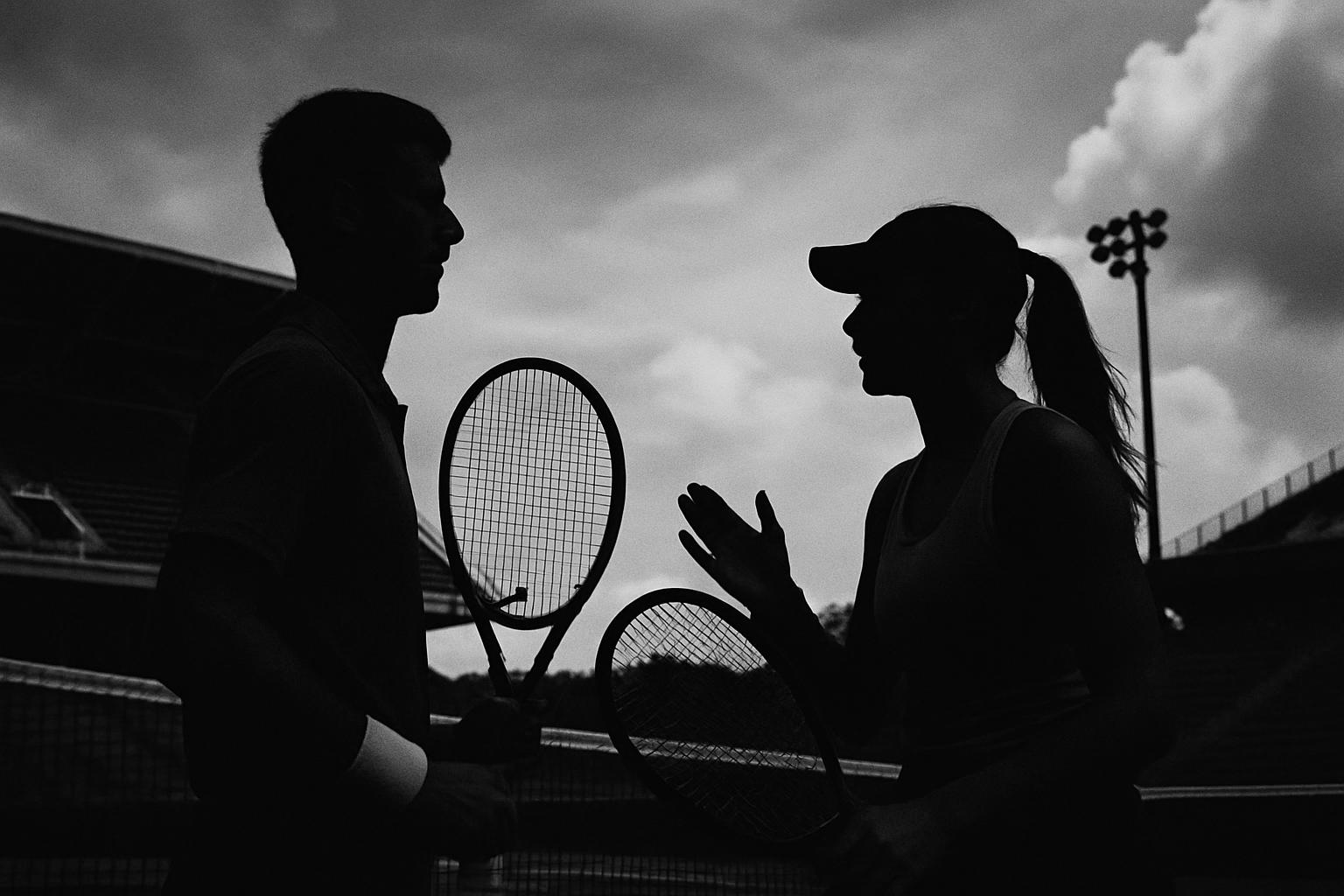 Grayscale editorial illustration: Djokovic And Sabalenka Give US Open Mixed Doubles The Headliners It Was Built For