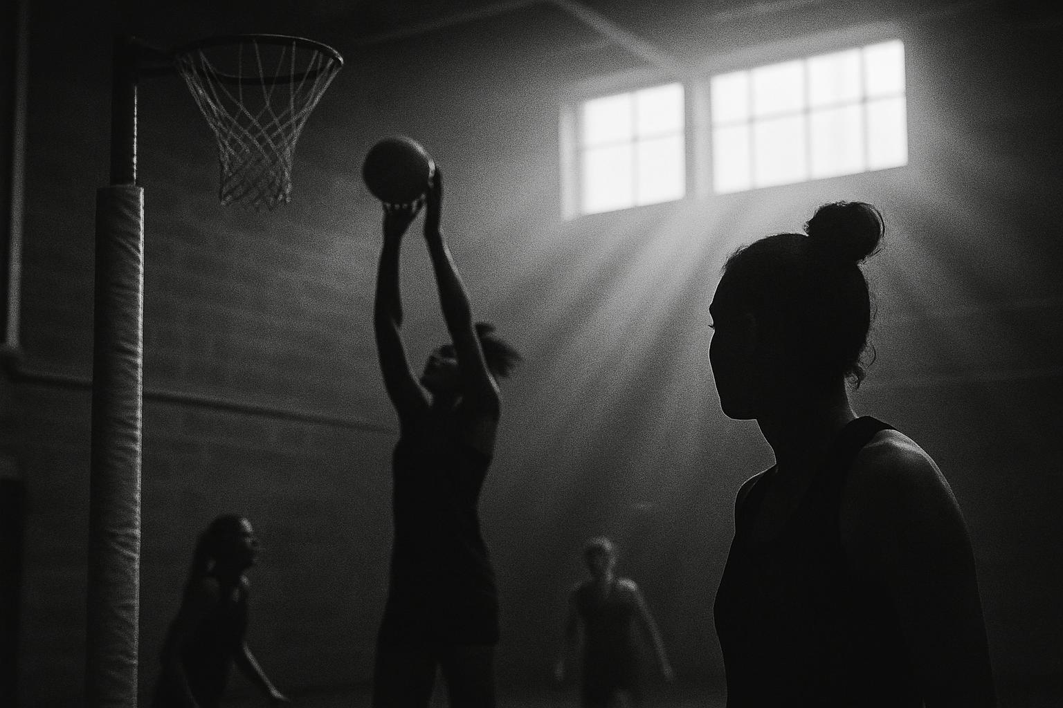 Grayscale editorial illustration: England Netball's Ruthless Reset In Glasgow Shows How To Live A Tournament