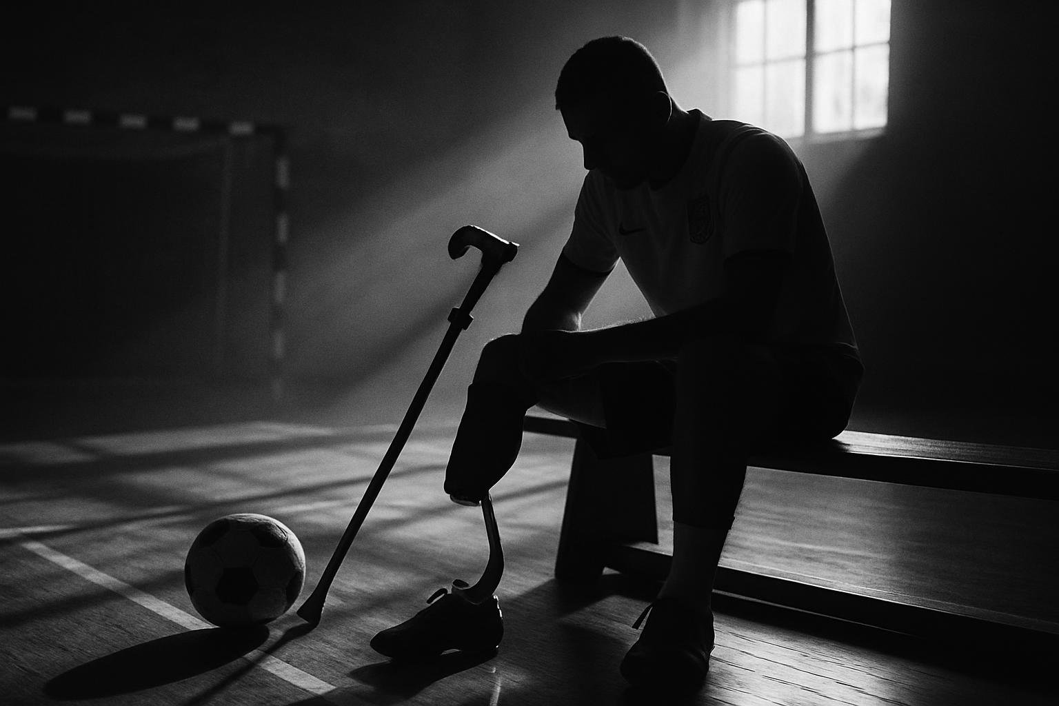 Grayscale editorial illustration: England’s Amputee Team Faces World Cup Uncertainty, Exposing A Charity-First Funding Model