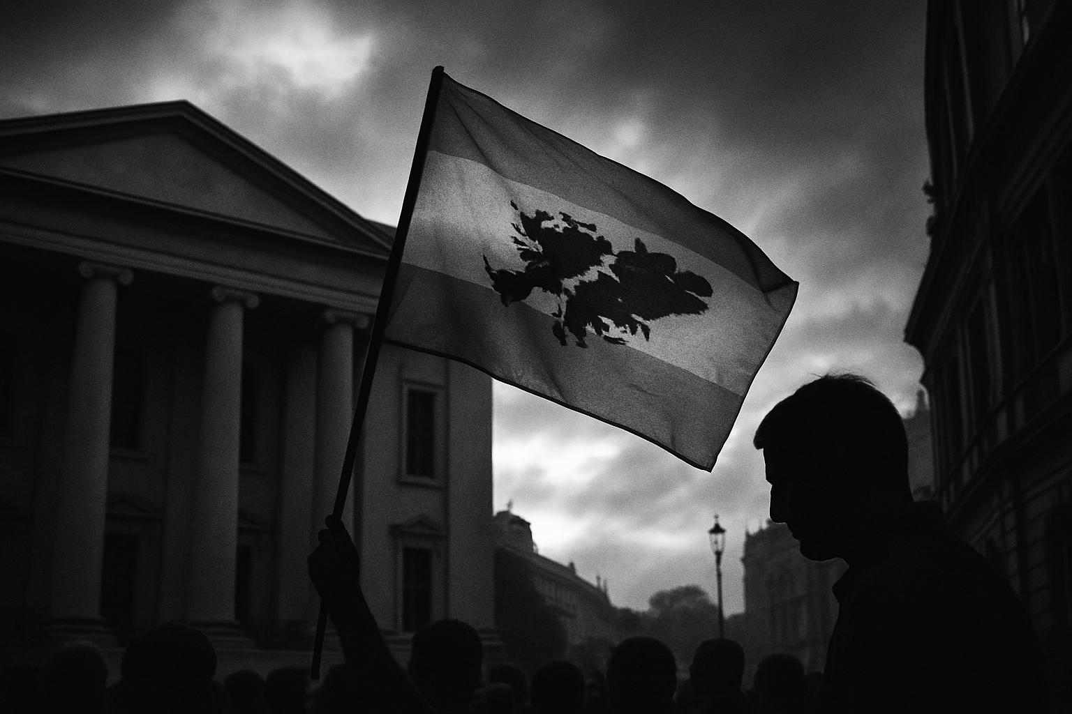 Grayscale editorial illustration: Free Speech In Miami, Fault Lines In London: Football’s Falklands Flashpoint