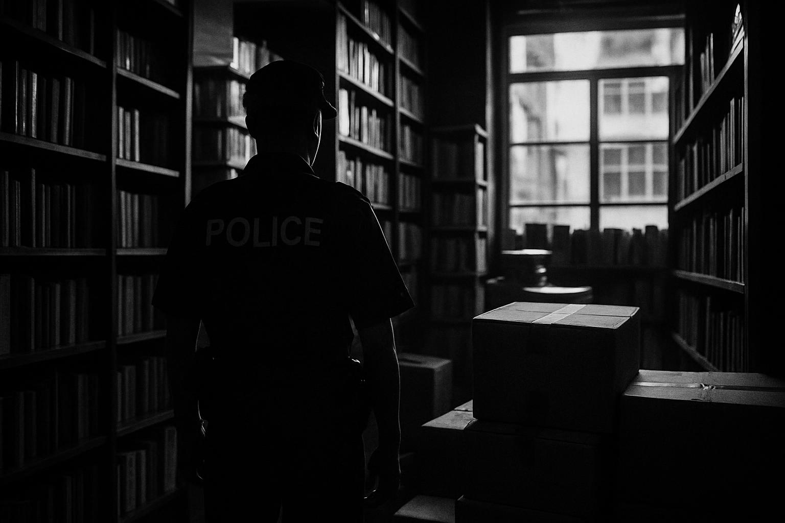 Grayscale editorial illustration: Hong Kong Bookshops Face Sedition Raids And A Supply-Chain Squeeze