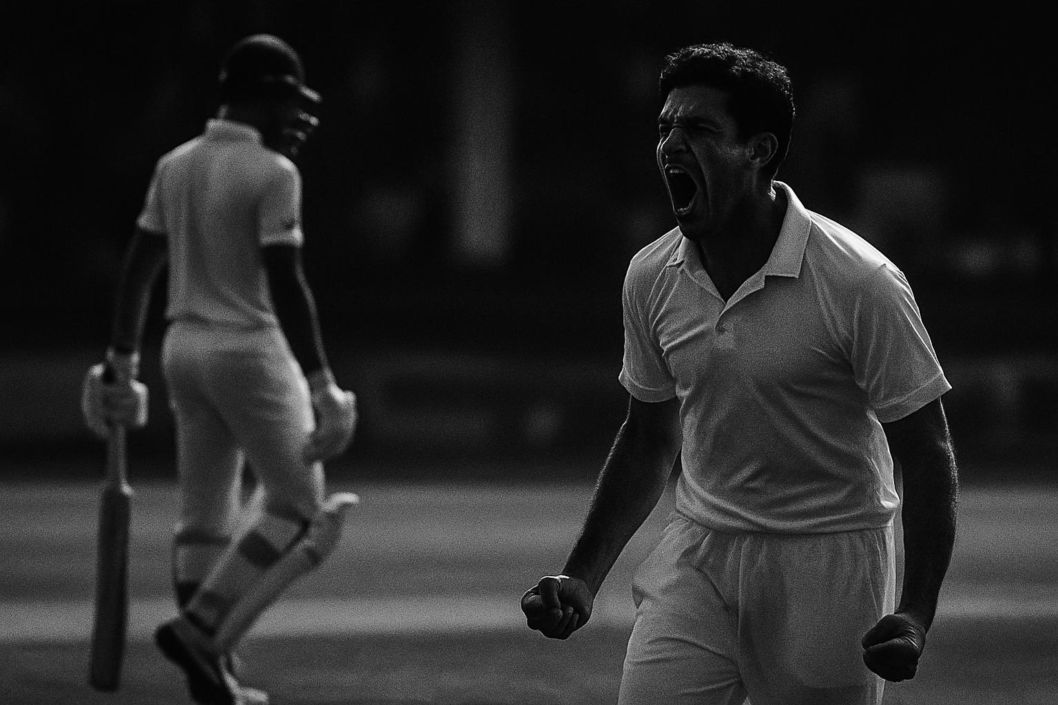 Grayscale editorial illustration: ICC Fines Pakistan Pacers For Fiery Send-Offs, A Warning Shot For A Packed Season