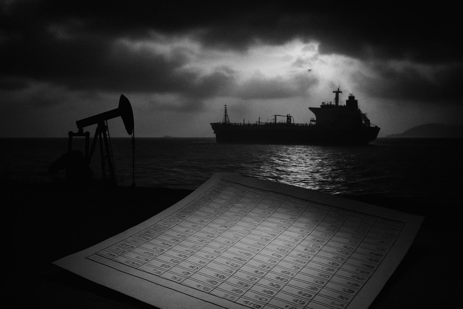 Grayscale editorial illustration: India’s Oil Math When Bab Al-Mandab Turns Risky