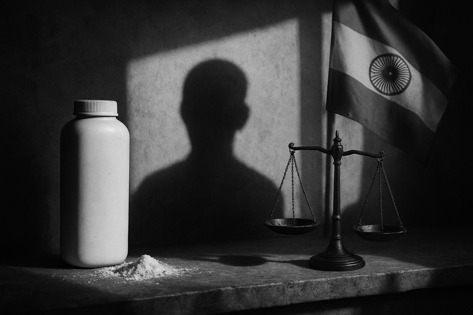 Grayscale editorial illustration: J&J Talc Offer Is A Trust Test For India, Not A Legal Shift