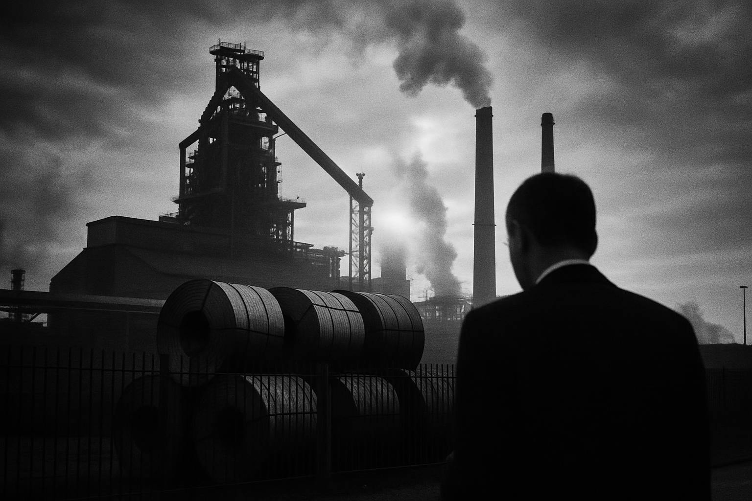 Grayscale editorial illustration: Jingye’s Compensation Gambit Turns British Steel Rescue Into an Expropriation Test