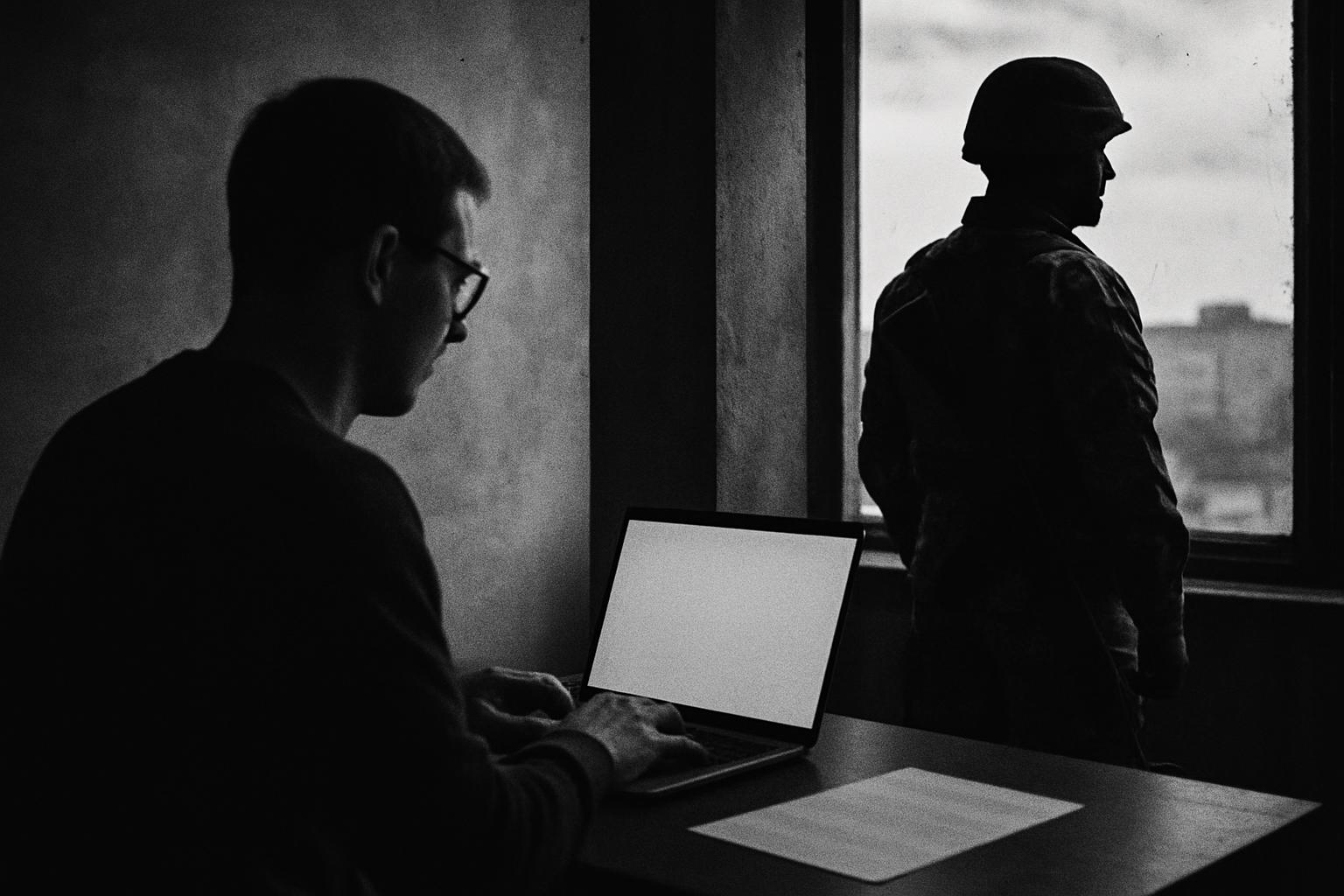 Grayscale editorial illustration: Kyiv's Technocrats Versus Its Generals: What Fedorov's Ouster Signals For Ukraine's War Machine