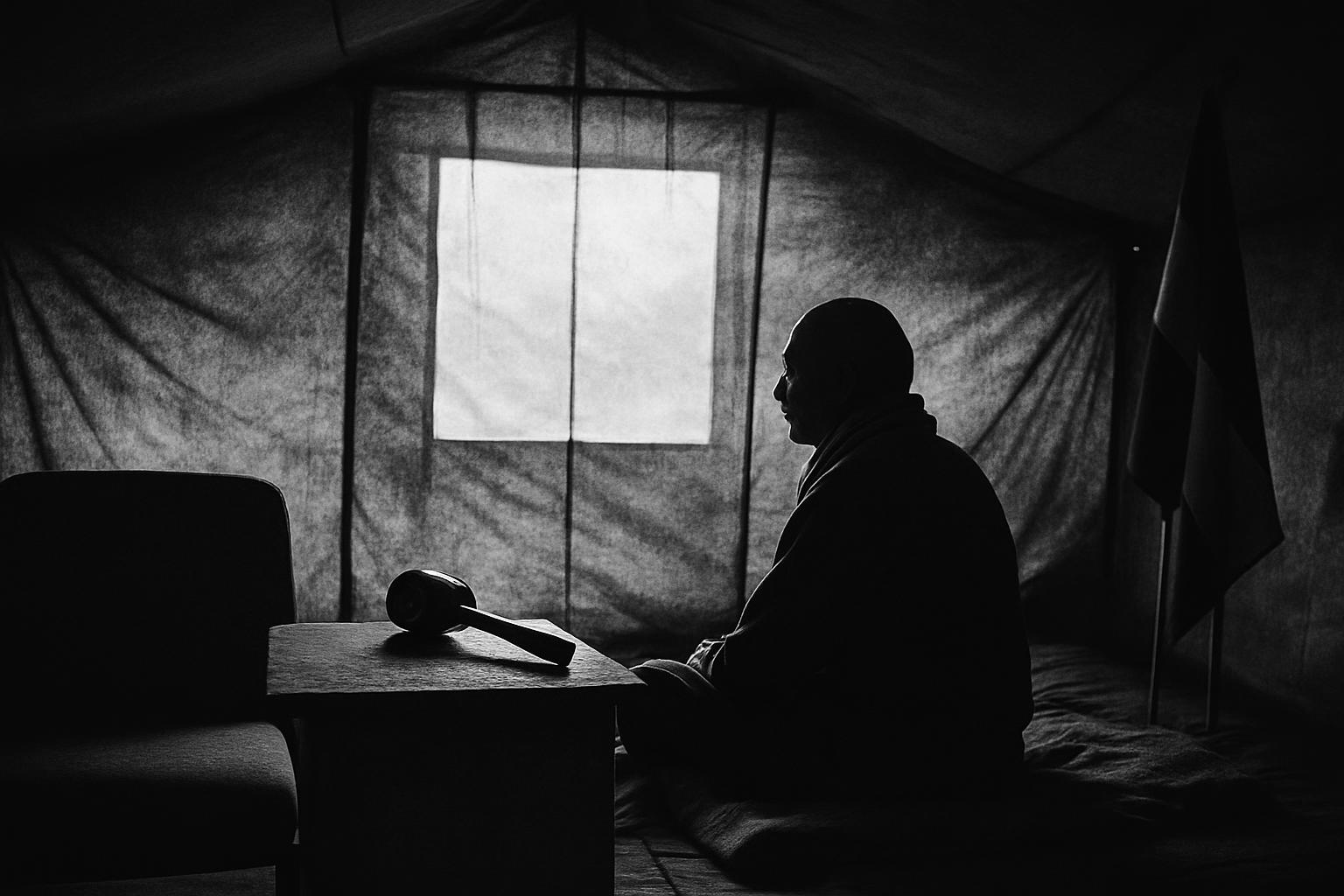 Grayscale editorial illustration: Ladakh After 2019: A Fast Presses Parliament On Status And Safeguards