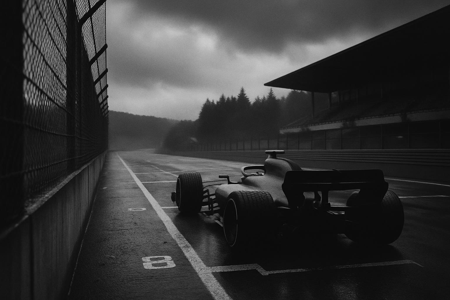 Grayscale editorial illustration: Lando Norris’s Grid Drop Is a Spa Math Problem, Not a Melodrama