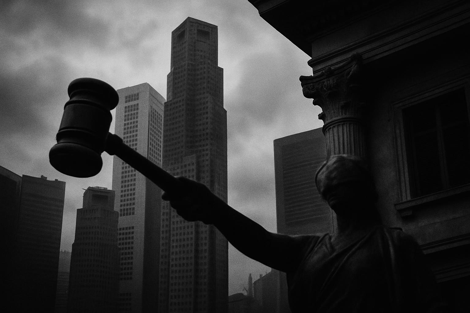 Grayscale editorial illustration: Local Libel Rules Travel: Bloomberg’s Singapore Loss And Foreign Reporting