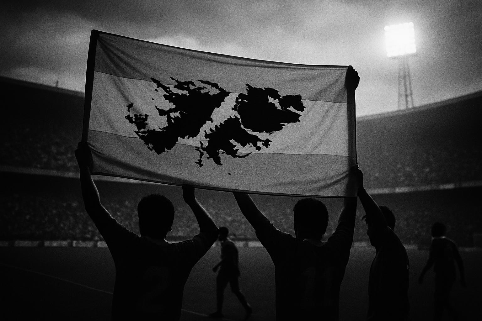 Grayscale editorial illustration: Malvinas Banner As Quiet Statecraft: Tournament Pageantry Restates Claims, London Channels Fallout To FIFA