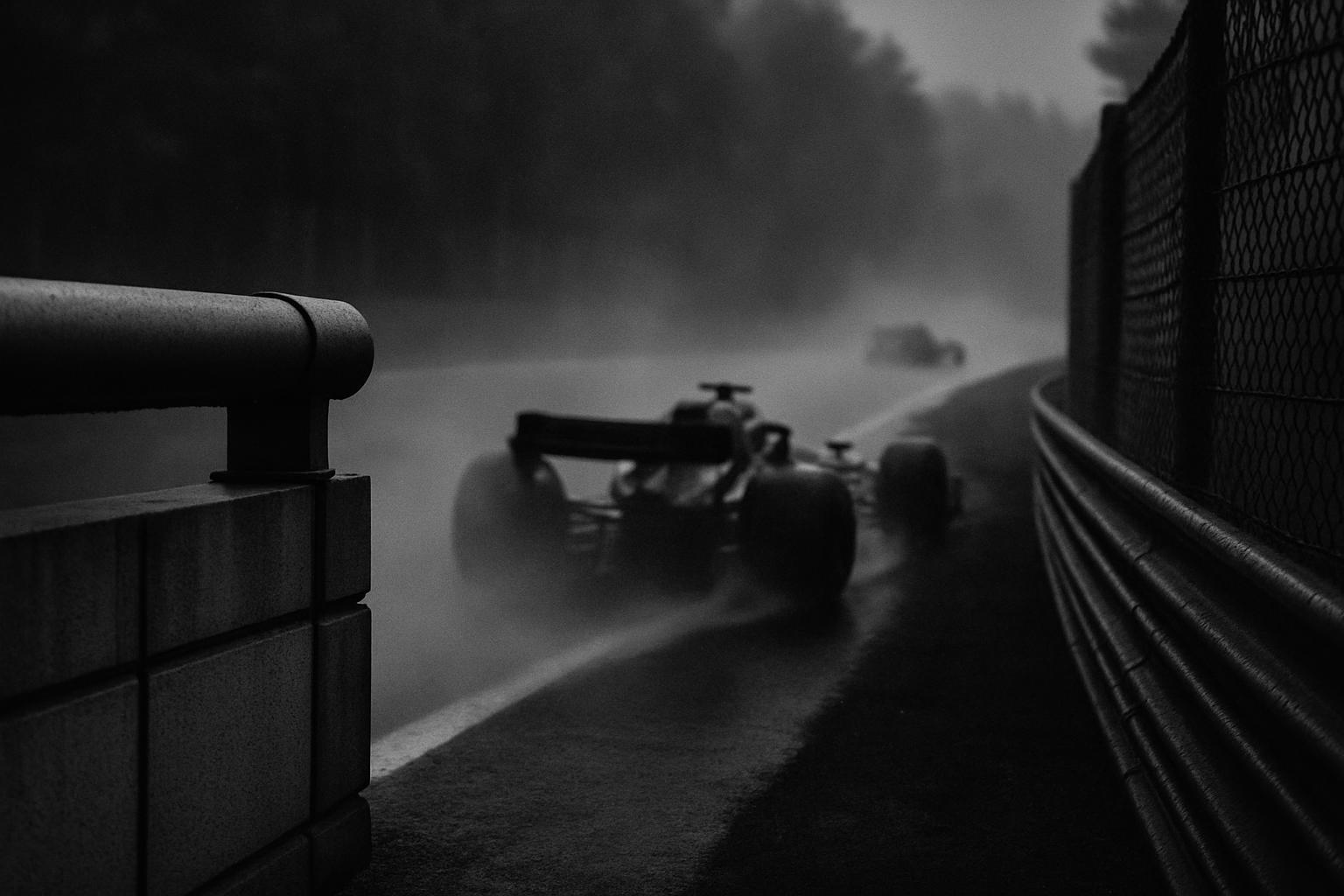 Grayscale editorial illustration: Mercedes New Math: Protect The Pot, Not Chase The Poster Lap
