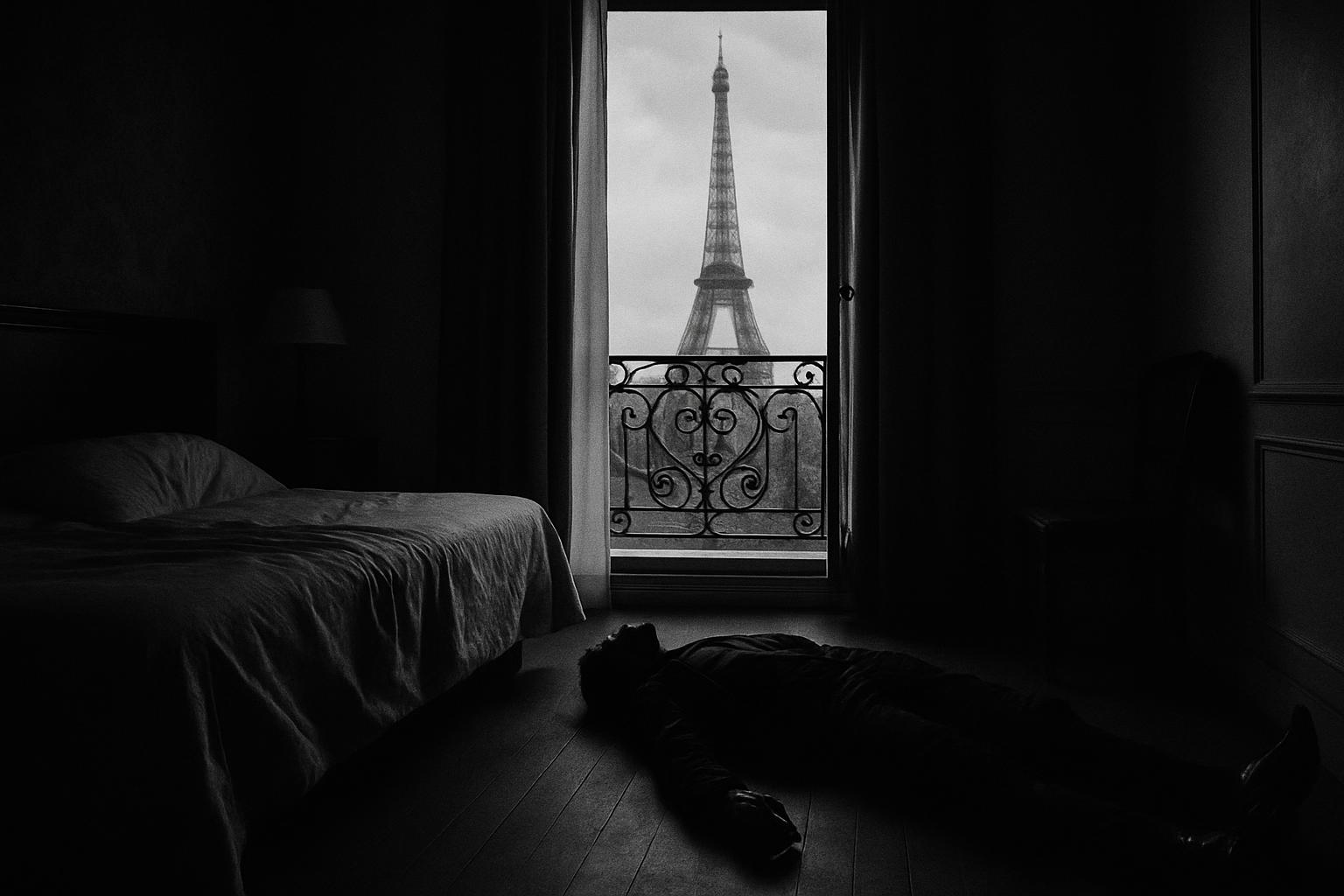 Grayscale editorial illustration: Model Scout Found Dead In Paris, Epstein Mentions Revive Oversight Questions