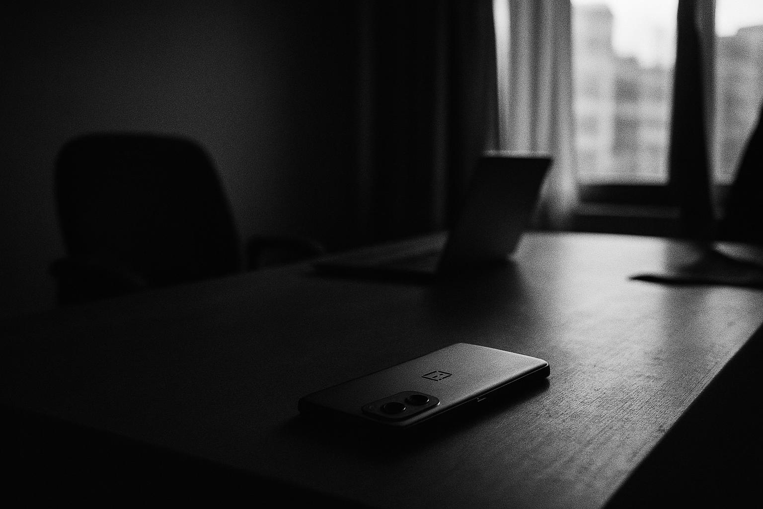 Grayscale editorial illustration: OnePlus Halts Western Launches, Carrier Economics In Focus