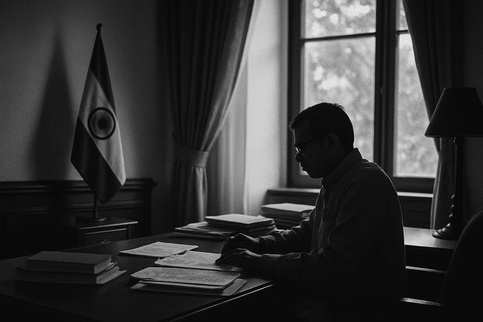 Grayscale editorial illustration: Pralhad Joshi Takes Charge Of Education, Continuity For Exams And Policy Work