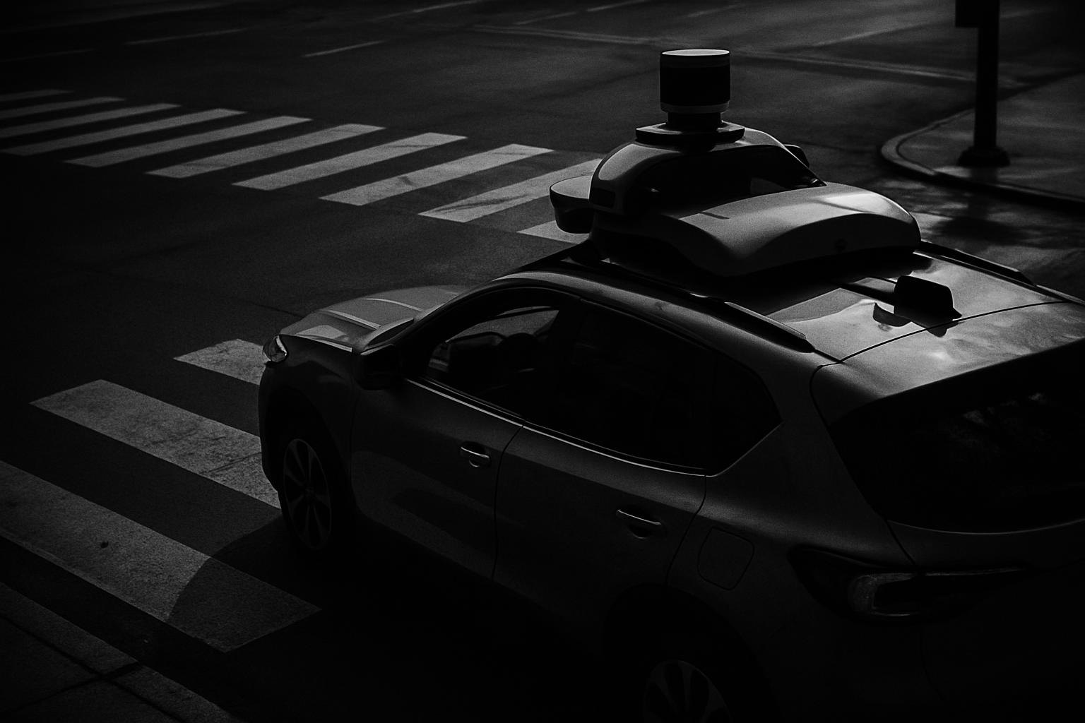 Grayscale editorial illustration: Robotaxis Meet A Local Reality Check: Rules, Fees, And The Price Of Proof