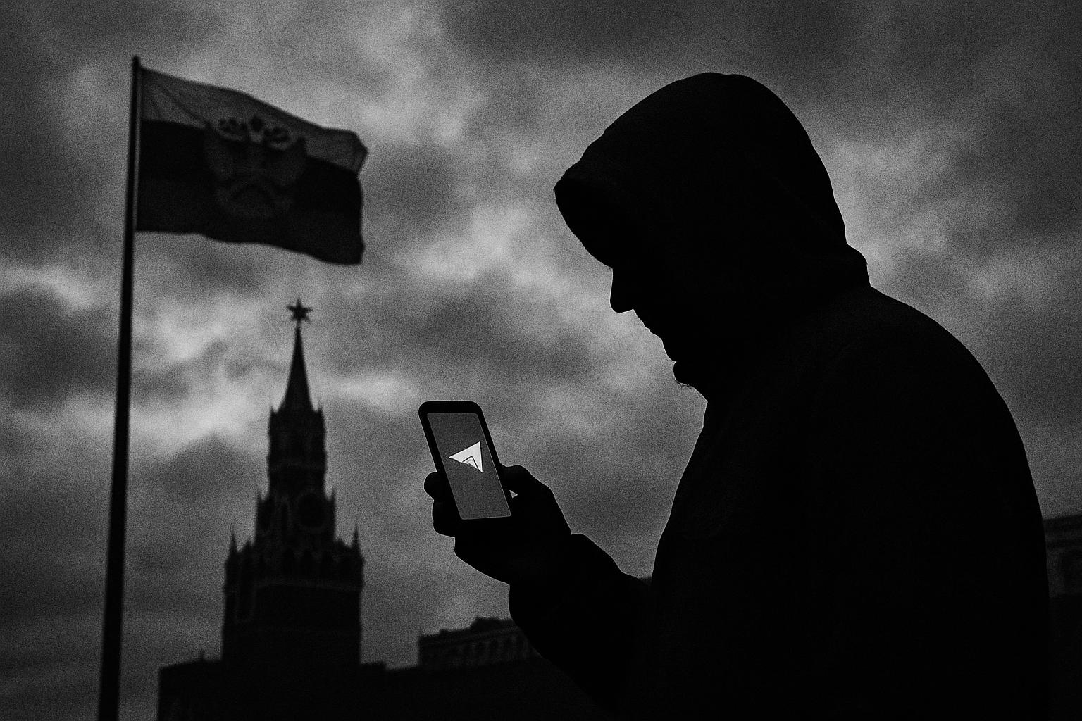 Grayscale editorial illustration: Russia’s Telegram Case Tests How Far States Can Stretch Platform Liability