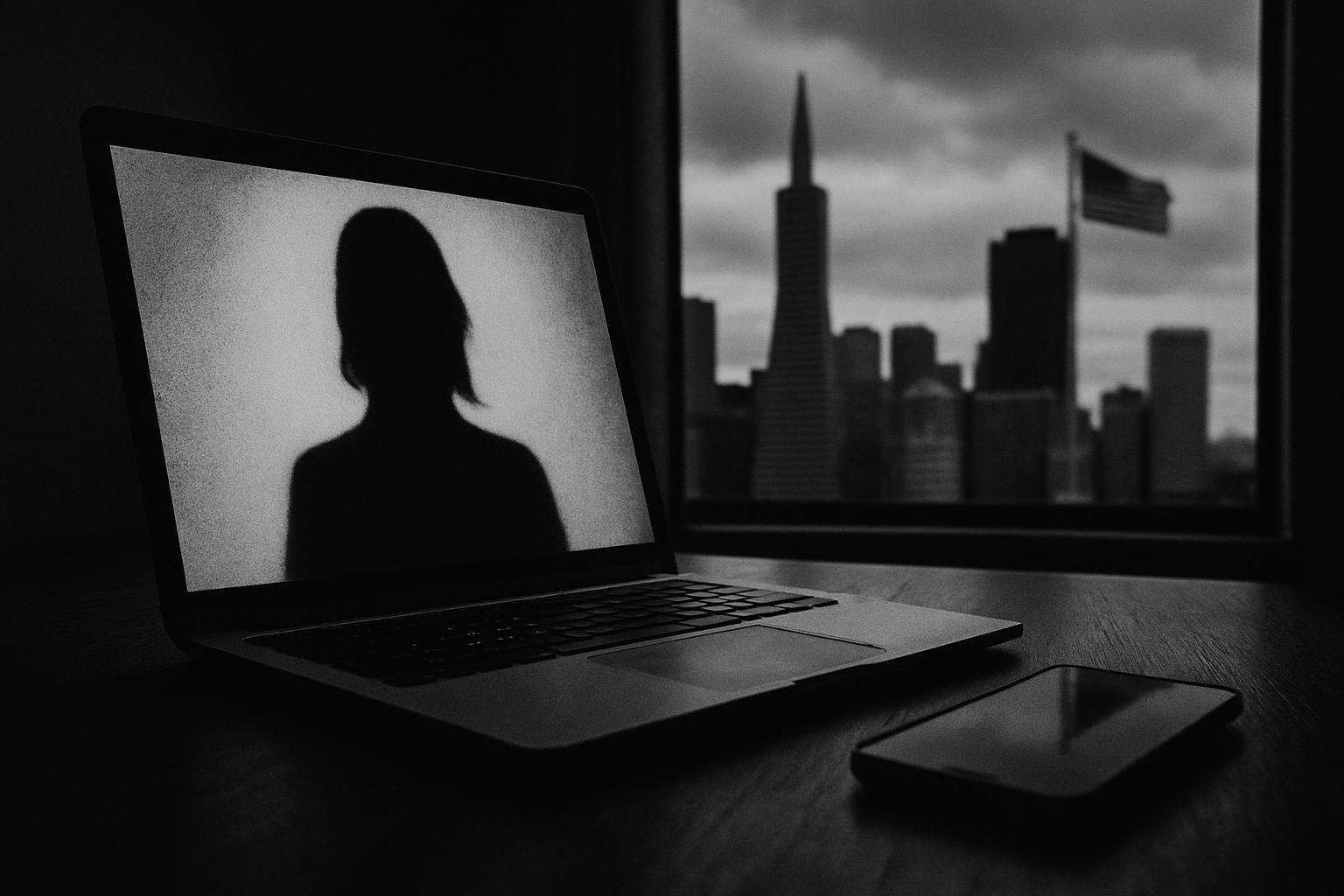 Grayscale editorial illustration: San Francisco Tests Platform Power With Order To Delist AI Nudify Apps
