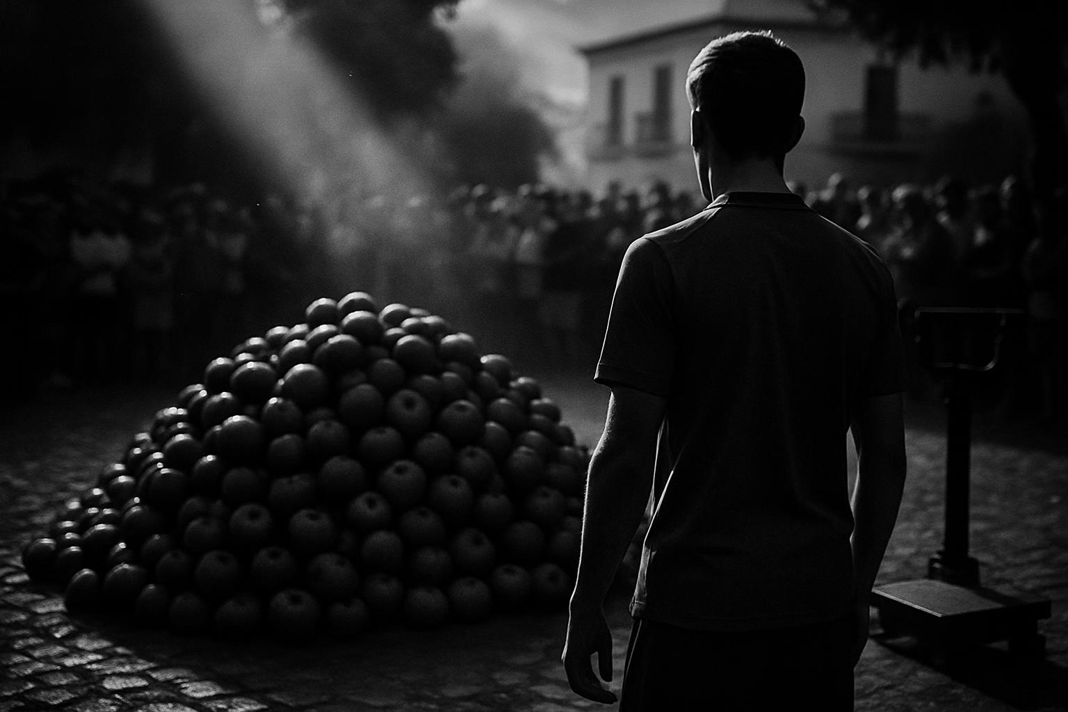 Grayscale editorial illustration: Spain’s World Champions Weighed In Tomatoes, A Hometown Rite That Outshines Any Parade