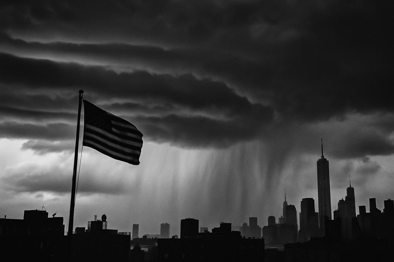 Grayscale editorial illustration: Stacked Fronts, Soaked Air, Strong Shear Put NYC At Saturday Tornado Risk