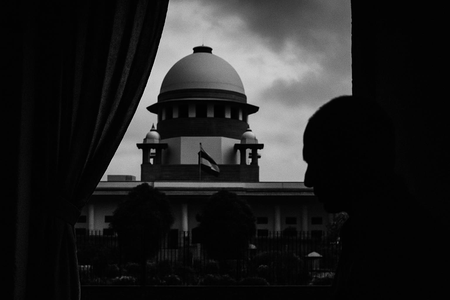 Grayscale editorial illustration: Supreme Court Shuts Bofors Appeal, Politics Turns To Memory