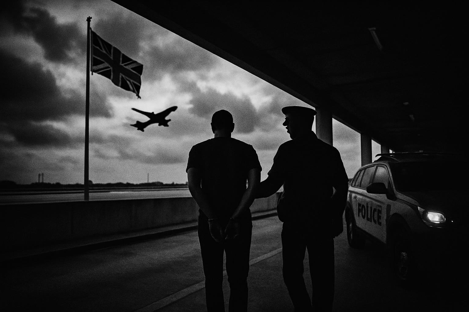 Grayscale editorial illustration: The Tate Arrests Test Cross-Border Justice In The Influencer Era