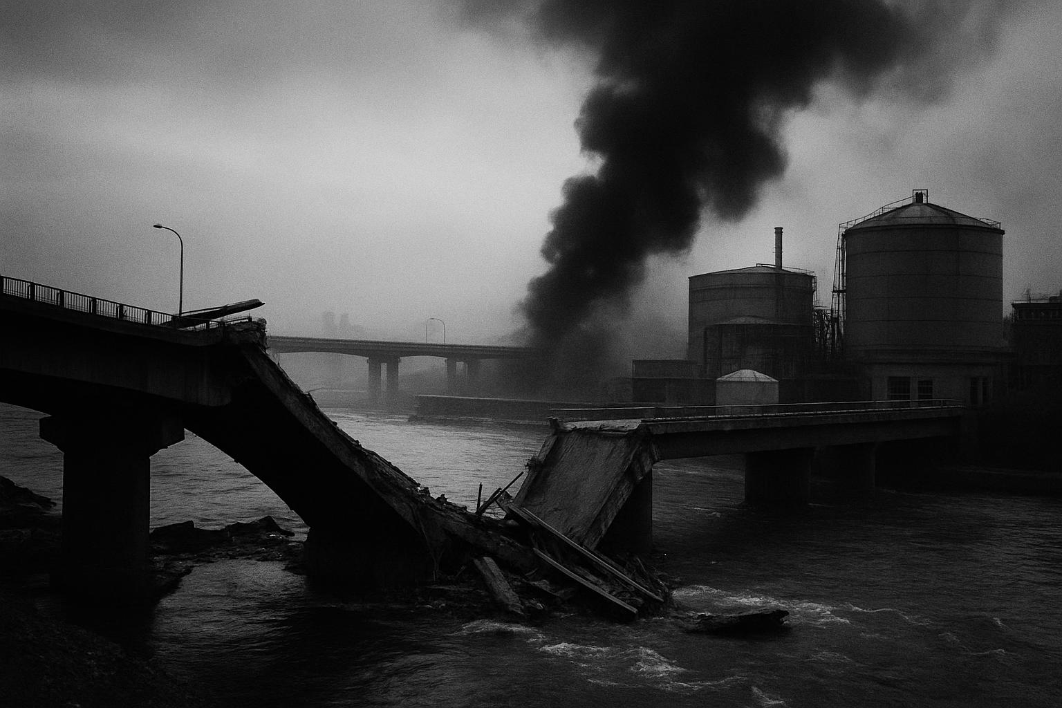 Grayscale editorial illustration: U.S. Retaliation In Iran Edges Toward Civilian Systems
