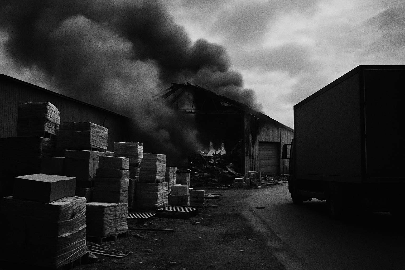 Grayscale editorial illustration: Ukraine Strikes Wildberries Hubs, Putting Retail Supply Chains In Focus