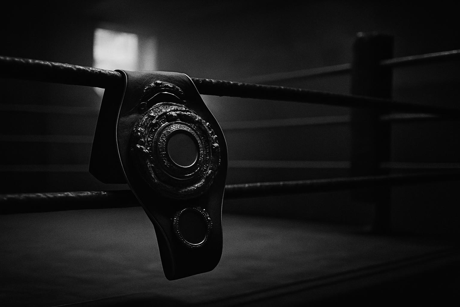 Grayscale editorial illustration: Vacant IBF Belt Turns Itauma vs Hrgovic Into a High-Risk, High-Reward Collision