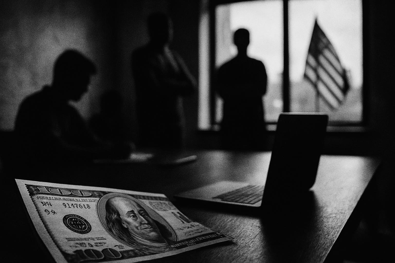 Grayscale editorial illustration: When Employee Money Challenges Tech PAC Muscle