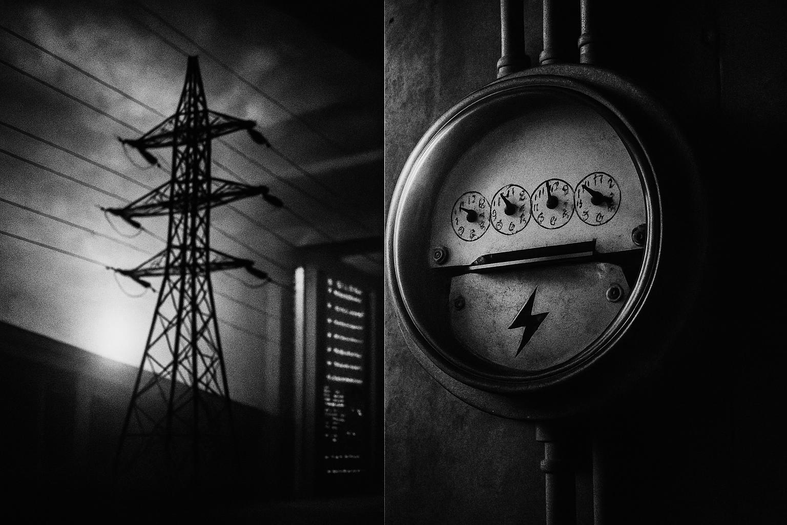Grayscale editorial illustration: Where AI Meets the Meter: Energy IPOs Ride a Compute-Fueled Infrastructure Rush