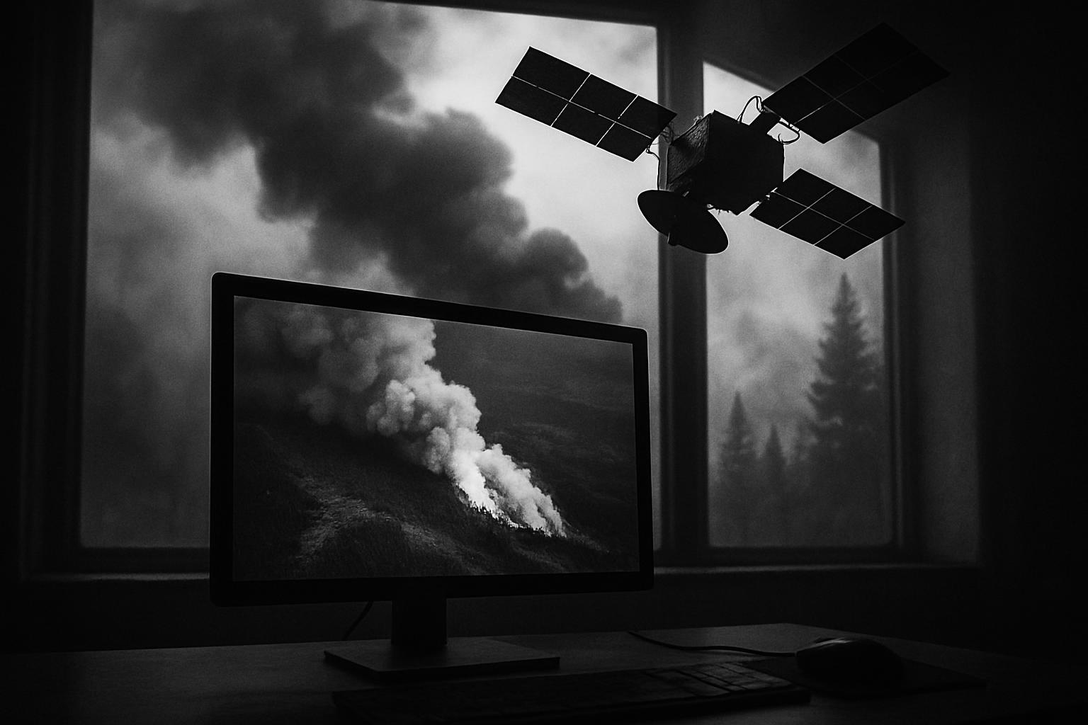 Grayscale editorial illustration: Wildfire Satellites Are Only Half the Battle: Latency, Handoffs, and the Plumbing That Matters