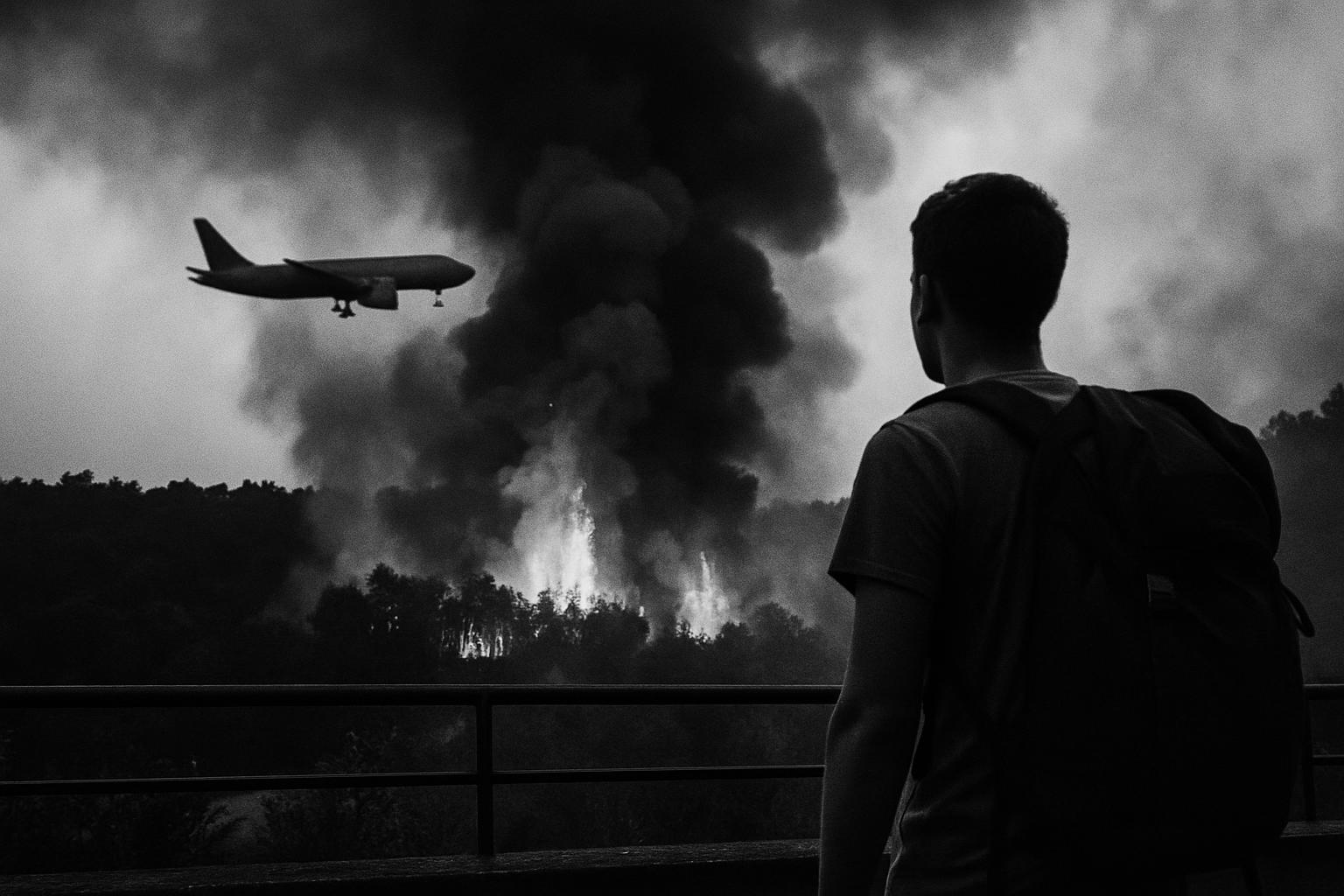 Grayscale editorial illustration: Wildfires In France And Spain Disrupt Holidays For Indian Travellers
