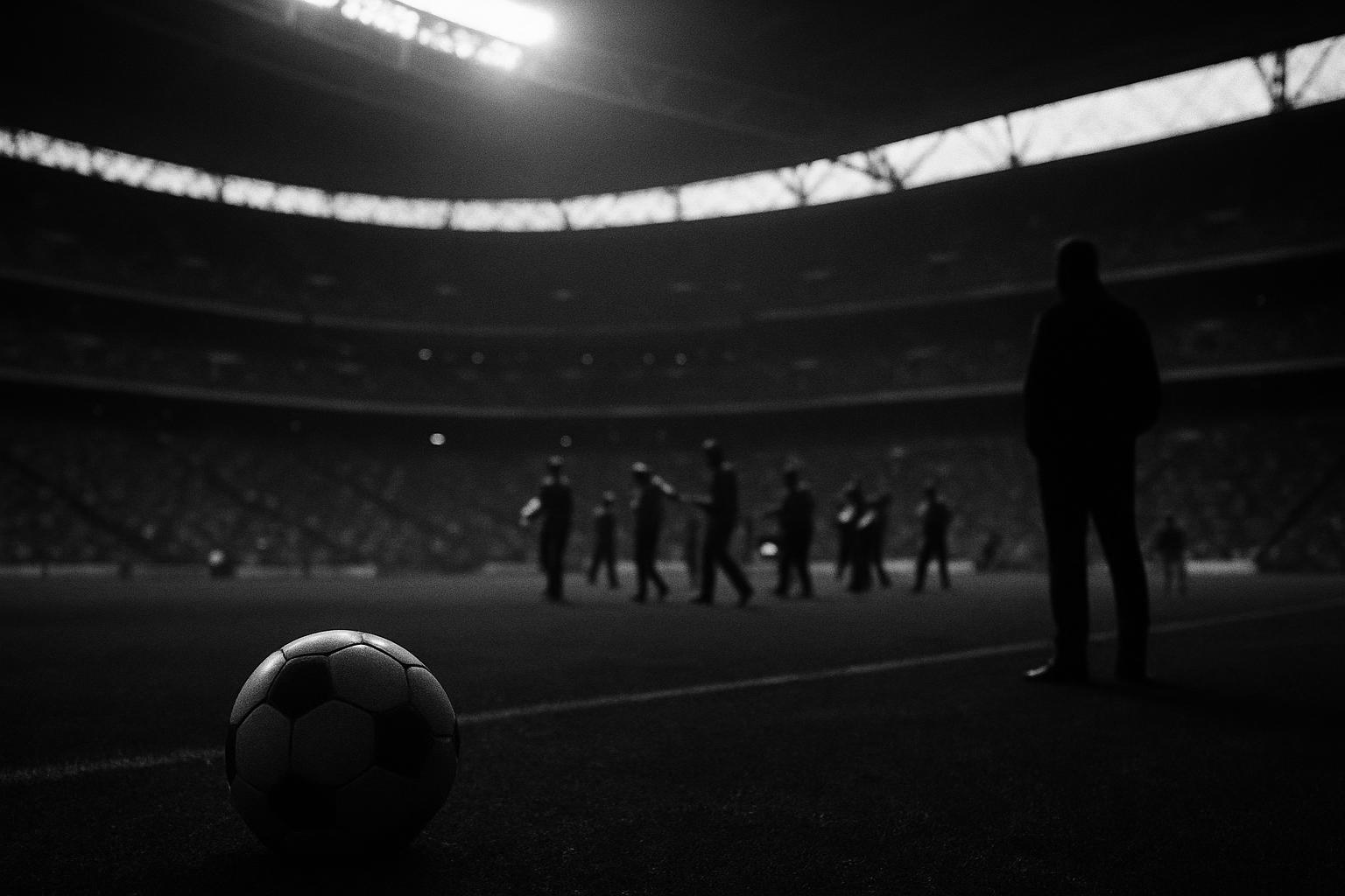 Grayscale editorial illustration: The World Cup Halftime Is Learning Super Bowl Lessons