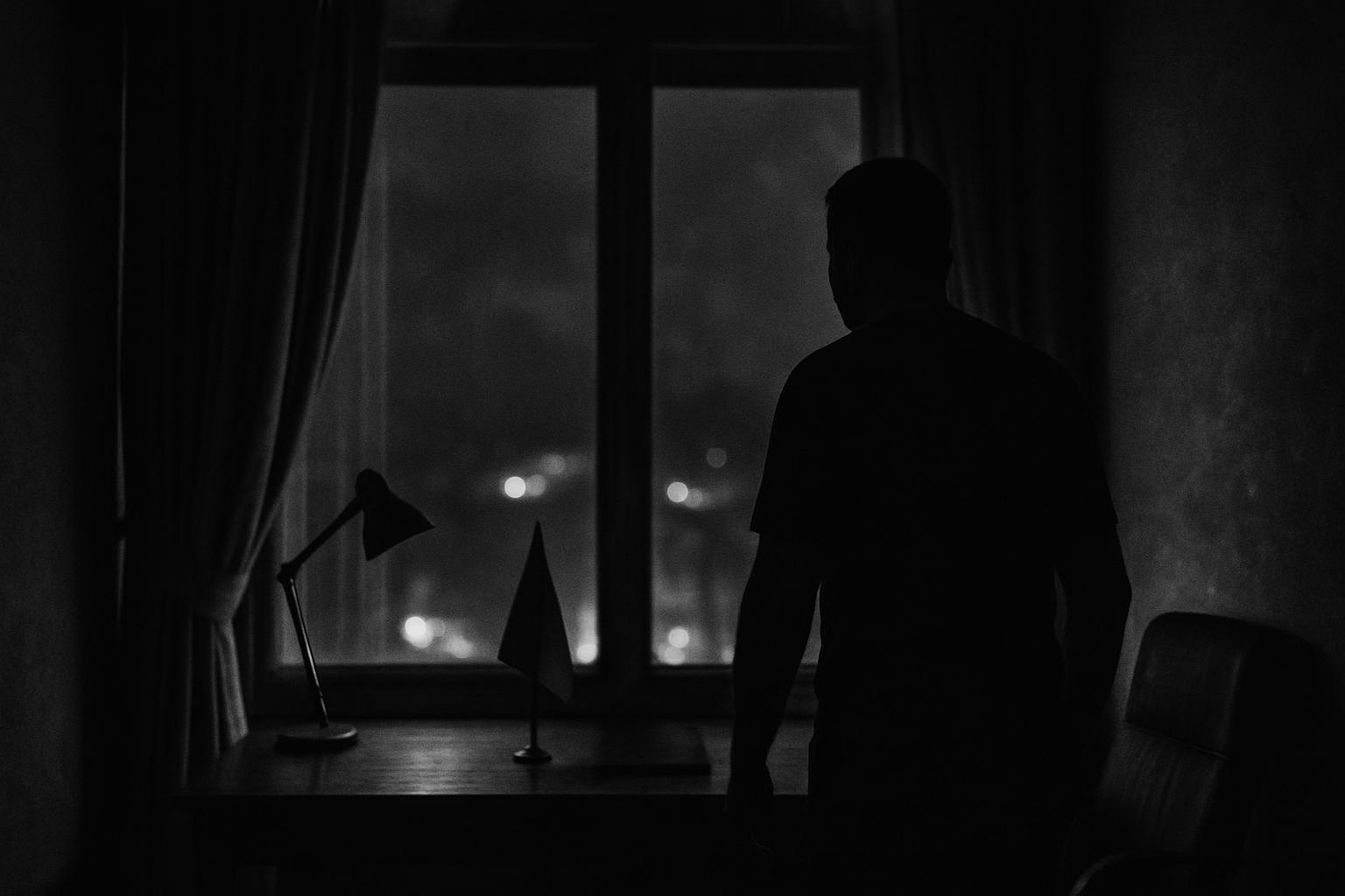 Grayscale editorial illustration: Zelenskyy’s Night Reshuffle Seeks To Reassert Civilian Control